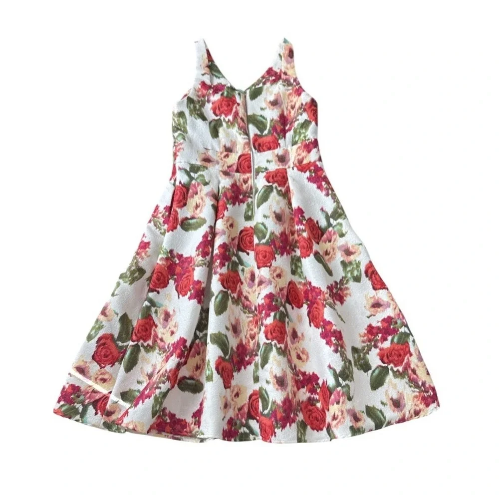 Maison Tara Jacquard Fit & Flare Dress Size 14 Red White Floral Print Tea Garden